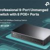 TP-Link TL-SF1009P 9-Port PoE+ front view TL-SF1009P with connected IP cameras PoE+ ports showing power & data delivery Top view of TP-Link TL-SF1009P switch Installation demo for surveillance setup Extended mode coverage chart for PoE+