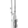TL-EAP225-Outdoor mounted on exterior wall Dual-band MU-MIMO wireless performance graph Close-up of TL-EAP225 PoE Gigabit port IP65-rated TP-Link AP exposed to rain Omada dashboard showing EAP225 status TP-Link EAP225-Outdoor retail packaging