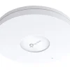 TP-Link TL-EAP610 top view with mounting plate Installed TL-EAP610 in office ceiling TL-EAP610 dual-band WiFi 6 performance chart PoE Gigabit port on the TP-Link EAP610 Omada controller dashboard for TL-EAP610 Product packaging of TP-Link AX1800 AP