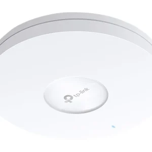TP-Link TL-EAP610 top view with mounting plate Installed TL-EAP610 in office ceiling TL-EAP610 dual-band WiFi 6 performance chart PoE Gigabit port on the TP-Link EAP610 Omada controller dashboard for TL-EAP610 Product packaging of TP-Link AX1800 AP