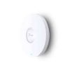 TP-Link TL-EAP610 top view with mounting plate Installed TL-EAP610 in office ceiling TL-EAP610 dual-band WiFi 6 performance chart PoE Gigabit port on the TP-Link EAP610 Omada controller dashboard for TL-EAP610 Product packaging of TP-Link AX1800 AP