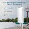 TP-Link EAP650-Outdoor installed on a pole EAP650-Outdoor weatherproof IP67 casing close-up TP-Link AX3000 WiFi 6 signal coverage chart Omada dashboard interface on tablet PoE+ Ethernet port of EAP650-Outdoor Packaging of TL-EAP650-Outdoor Access Point