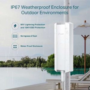 TP-Link EAP650-Outdoor installed on a pole EAP650-Outdoor weatherproof IP67 casing close-up TP-Link AX3000 WiFi 6 signal coverage chart Omada dashboard interface on tablet PoE+ Ethernet port of EAP650-Outdoor Packaging of TL-EAP650-Outdoor Access Point