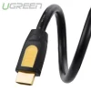 UGREEN HD101 HDMI cable full 15 m length laid out Close-up of gold-plated HDMI connectors HDMI cable plugged into TV and projector Triple shielding and PVC jacket detail HDMI cable in a conference room setup UGREEN HDMI cable packaging with length label