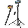 UGREEN LP586 selfie stick folded on table Selfie stick extended to ~1.6 m outdoor scene Close‑up of Bluetooth remote control in hand Tripod base with non‑slip silicone feet Phone mounted on 360° rotating head Packaging with model LP586 and EAN label