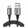 UGREEN USB-A to USB-C cable coiled on desk USB connectors close-up with nickel finish Charging phone with 2m UGREEN cable Nylon-braided UGREEN cable stretched out USB-A plugged into laptop, USB-C to phone Product packaging showing model and features