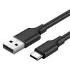 UGREEN USB-A to USB-C cable coiled on desk USB connectors close-up with nickel finish Charging phone with 2m UGREEN cable Nylon-braided UGREEN cable stretched out USB-A plugged into laptop, USB-C to phone Product packaging showing model and features