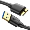 UGREEN USB-A to Micro USB 3.0 cable full view Close-up of Micro USB 3.0 male connector UGREEN cable connected to portable hard drive Cable in use with Samsung external SSD 1-meter cable length on desk setup Product packaging of UGREEN US130