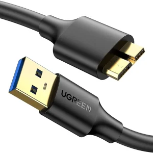 UGREEN USB-A to Micro USB 3.0 cable full view Close-up of Micro USB 3.0 male connector UGREEN cable connected to portable hard drive Cable in use with Samsung external SSD 1-meter cable length on desk setup Product packaging of UGREEN US130