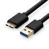 UGREEN USB-A to Micro USB 3.0 cable full view Close-up of Micro USB 3.0 male connector UGREEN cable connected to portable hard drive Cable in use with Samsung external SSD 1-meter cable length on desk setup Product packaging of UGREEN US130