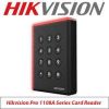 Hikvision DS-K1108AMK MIFARE card reader with keypad DS-K1108AMK wall-mounted access control reader Close-up of Hikvision DS-K1108AMK keypad and LED Pro 1108A Series card reader used in security system Hikvision DS-K1108AMK outdoor IP65 installation Tamper-proof Hikvision DS-K1108AMK card reader