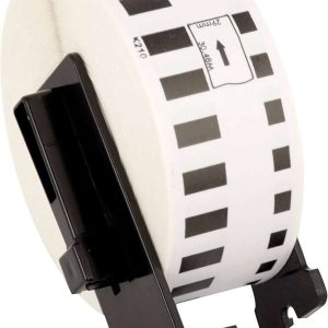 Brother DK-22210 continuous paper label roll front view Brother DK-22210 showing white roll with black print Brother DK-22210 roll installed in a Brother QL printer Brother DK-22210 printing custom-length labels Brother DK-22210 close-up on printed label surface Brother DK-22210 roll alongside packaging box