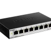 D-Link DGS-1100-08PV2 front view with 8 PoE+ ports D-Link DGS-1100-08PV2 angled view showing metal chassis D-Link DGS-1100-08PV2 rear and power input D-Link DGS-1100-08PV2 top label and ventilation D-Link DGS-1100-08PV2 in desktop PoE surveillance setup D-Link DGS-1100-08PV2 ports with Ethernet and PoE status LEDs