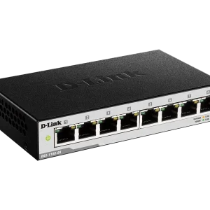 D-Link DGS-1100-08PV2 front view with 8 PoE+ ports D-Link DGS-1100-08PV2 angled view showing metal chassis D-Link DGS-1100-08PV2 rear and power input D-Link DGS-1100-08PV2 top label and ventilation D-Link DGS-1100-08PV2 in desktop PoE surveillance setup D-Link DGS-1100-08PV2 ports with Ethernet and PoE status LEDs