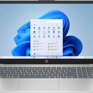 HP 15-fd0250wm laptop front view HP 15-fd0250wm 15.6-inch display and keyboard HP 15-fd0250wm side ports including USB and HDMI HP 15-fd0250wm natural silver back cover HP 15-fd0250wm open laptop on desk HP 15-fd0250wm Windows 11 desktop screen