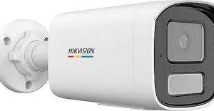 Hikvision 2MP ColorVu bullet camera front view DS-2CD1T27G2H-LIUF outdoor security setup ColorVu night vision full-color image example Hikvision hybrid light bullet camera at night Bullet IP camera with audio feature Weatherproof Hikvision CCTV camera installation