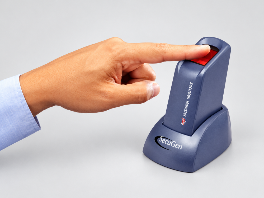 SecuGen Hamster Plus fingerprint scanner in use for biometric authentication
