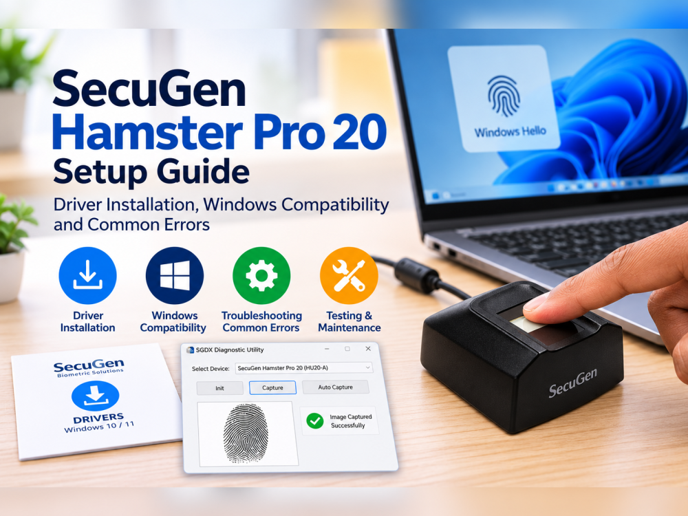 SecuGen Hamster Pro 20 fingerprint scanner with Windows driver installation and troubleshooting guide